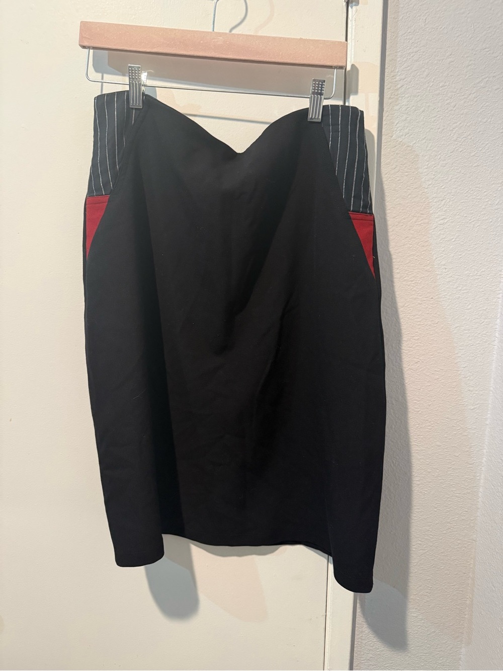 Black Pencil Skirt with Red Pocket Detail and Pinstripe Waist